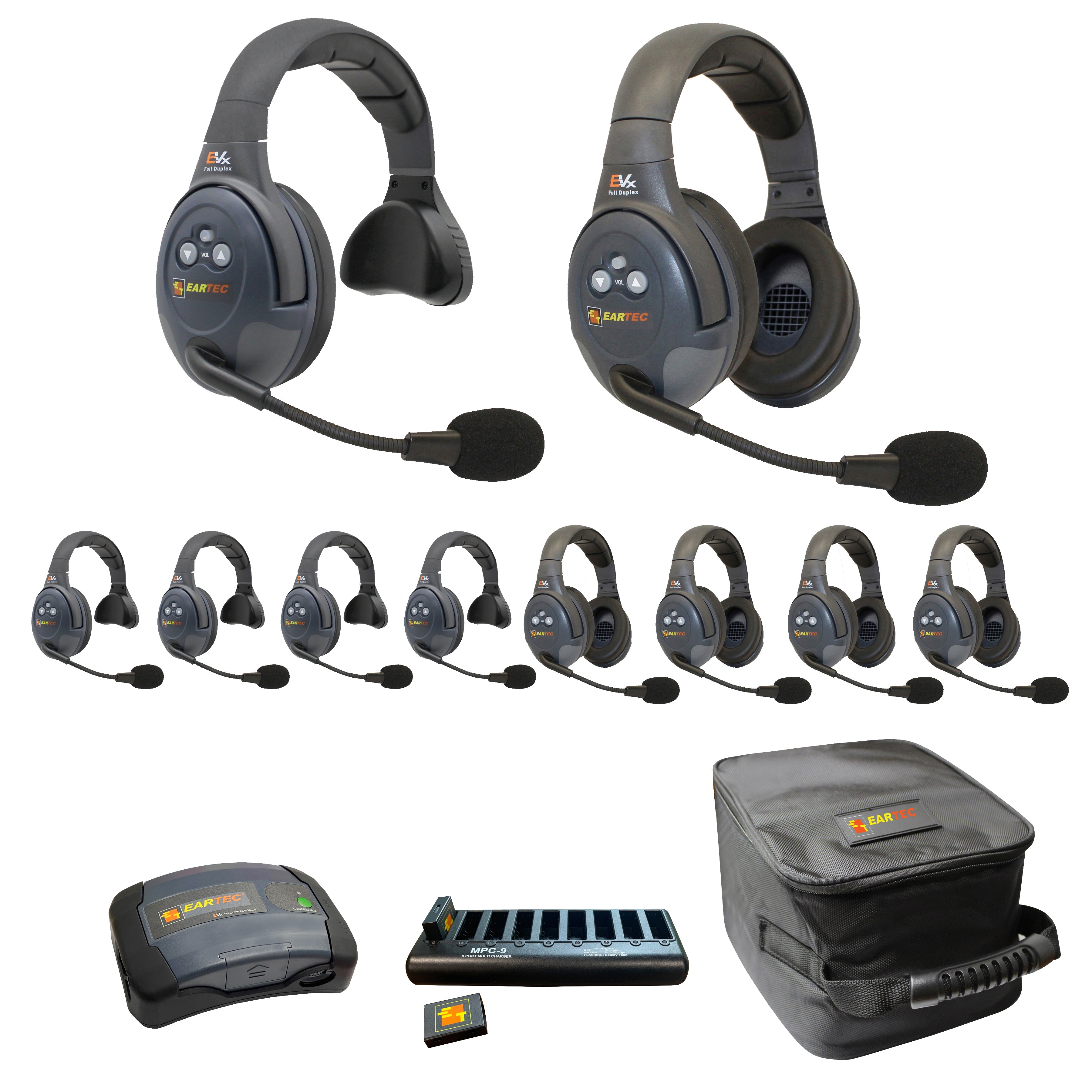 Eartec 1- EVADE C-MOD 2- EVADE Single-Ear Main Headset 4- EVADE Single-Ear Remote Headset 4- EVADE Double-Ear Remote Headsets 2- 9-Port Charger w/ Adapter 2- Extra large Soft Padded Case 10 X Lithium-Polymer Batteries EVX1055-CM