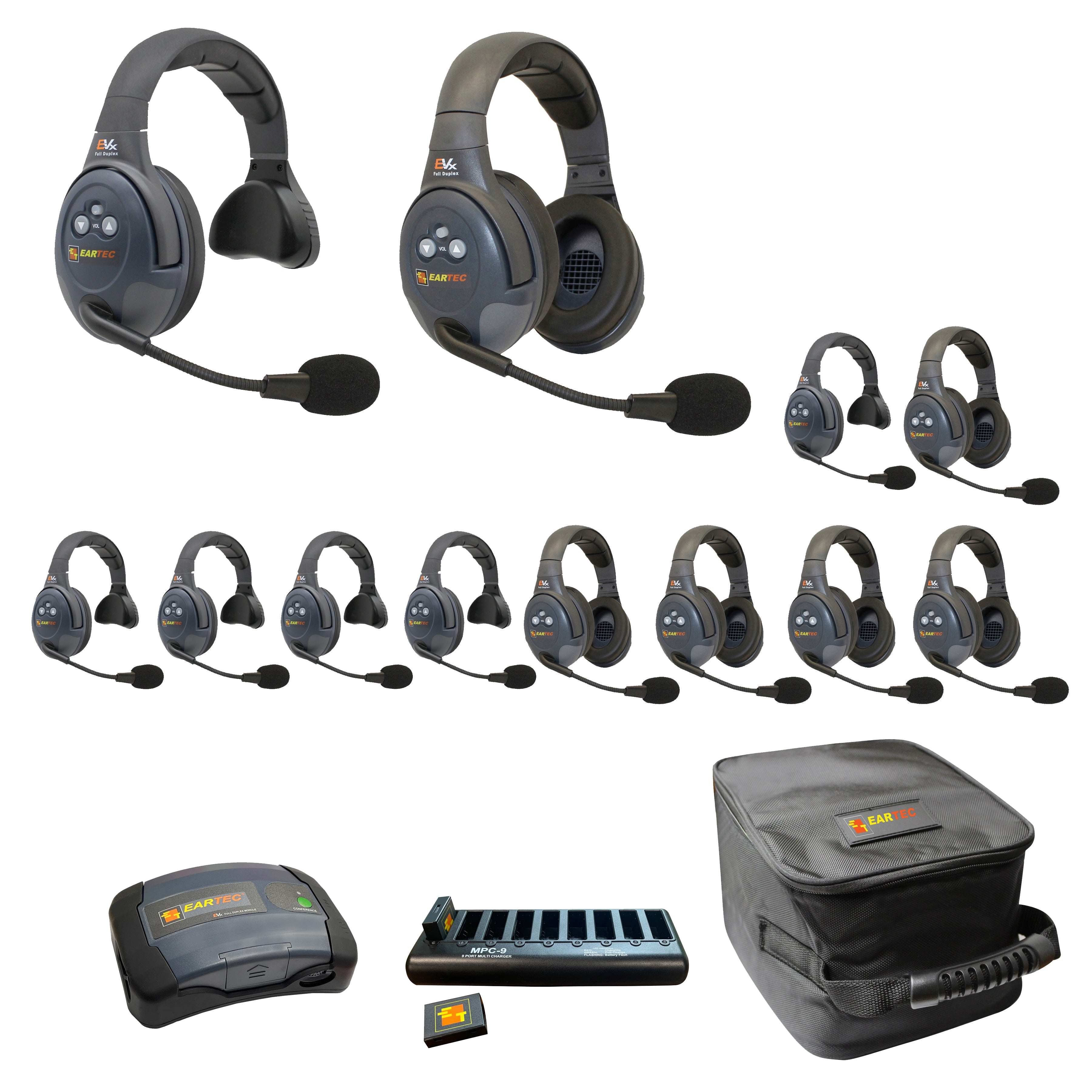 Eartec 1- EVADE C-MOD 2- EVADE Single-Ear Main Headset 6- EVADE Single-Ear Remote Headset 6- EVADE Double-Ear Remote Headsets 2- 9-Port Charger w/ Adapter 2- Extra large Soft Padded Case 12 X Lithium-Polymer Batteries EVX1266-CM