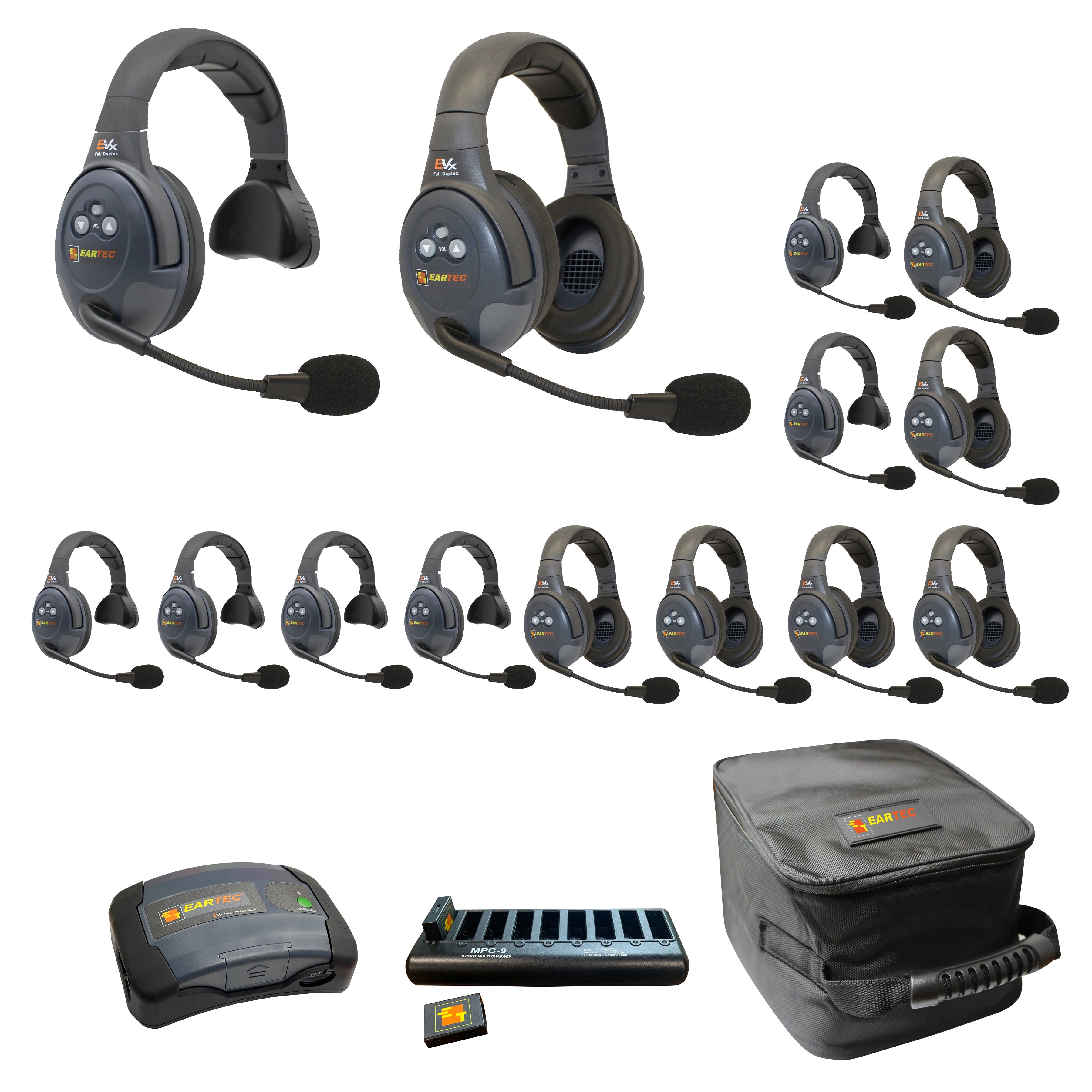 Eartec 1- EVADE C-MOD 2- EVADE Single-Ear Main Headset 7- EVADE Single-Ear Remote Headset 7- EVADE Double-Ear Remote Headsets 2- 9-Port Charger w/ Adapter 2- Extra large Soft Padded Case 14 X Lithium-Polymer Batteries EVX1477-CM