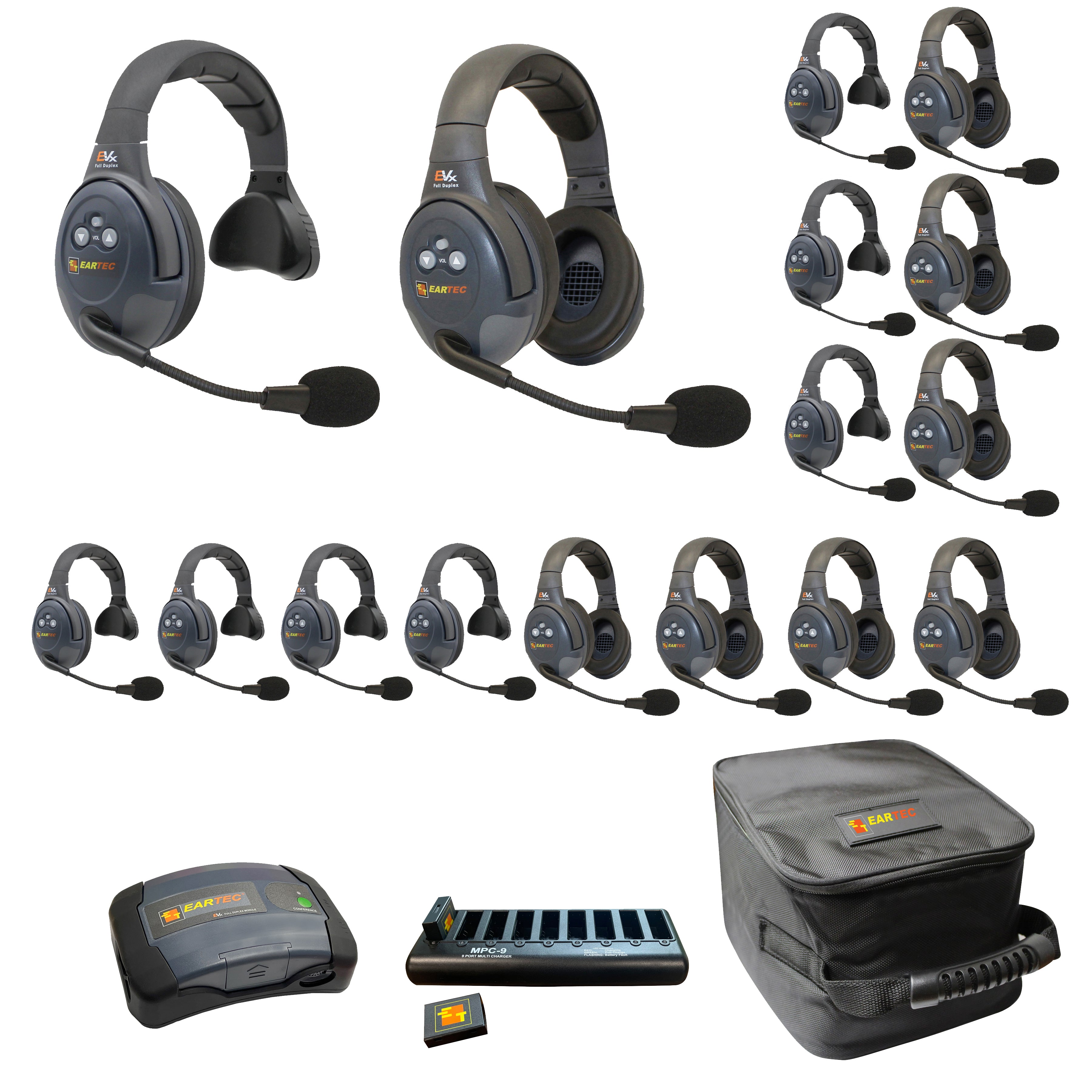 Eartec 1- EVADE C-MOD 2- EVADE Single-Ear Main Headset 8- EVADE Single-Ear Remote Headset 8- EVADE Double-Ear Remote Headsets 2- 9-Port Charger w/ Adapter 2- Extra large Soft Padded Case 16 X Lithium-Polymer Batteries EVX1688-CM