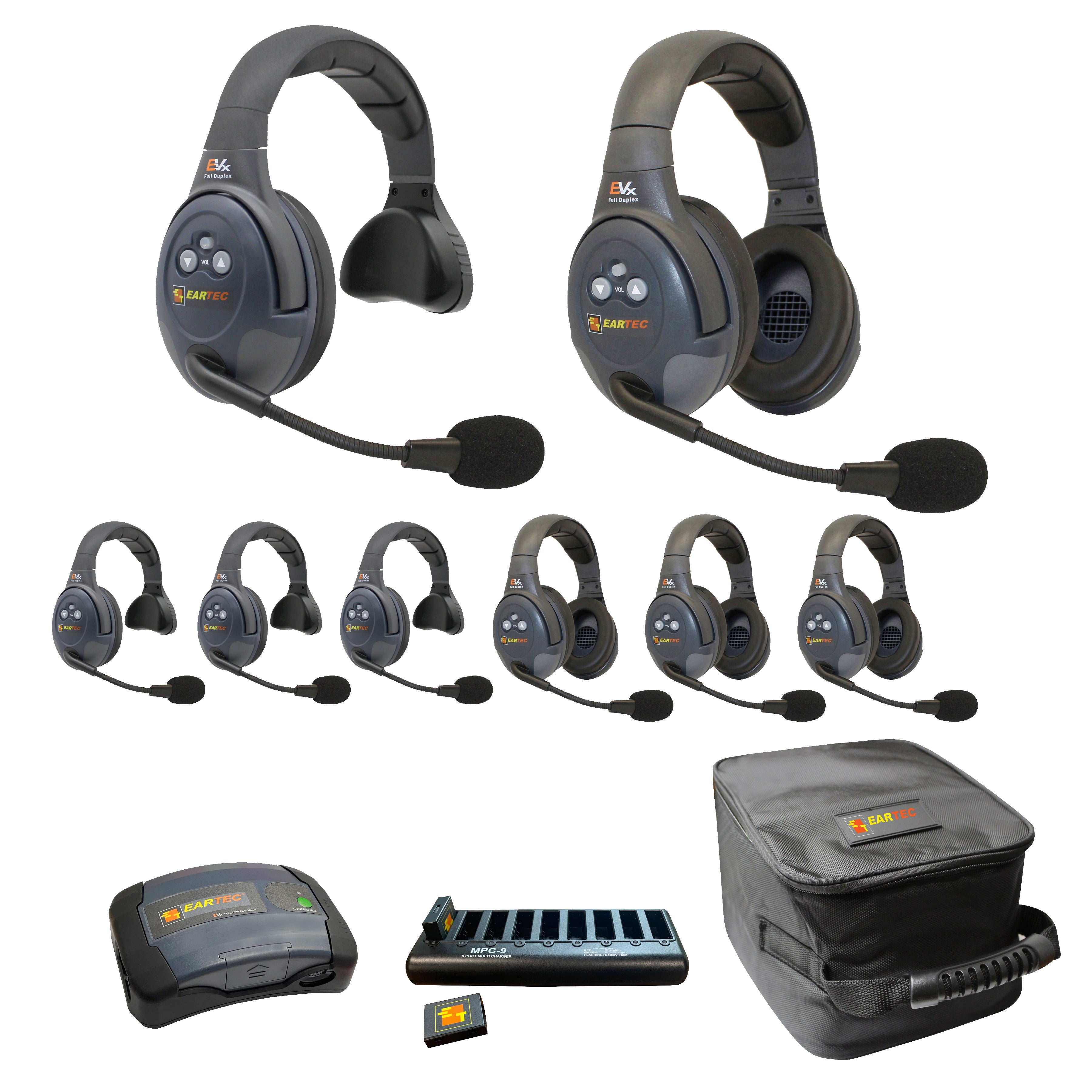 Eartec 1- EVADE C-MOD 1- EVADE Single-Ear Main Headset 3- EVADE Single-Ear Remote Headset 4- EVADE Double-Ear Remote Headsets 1- 9-Port Charger w/ Adapter 1- Extra large Soft Padded Case 8 X Lithium-Polymer Batteries EVX844-CM