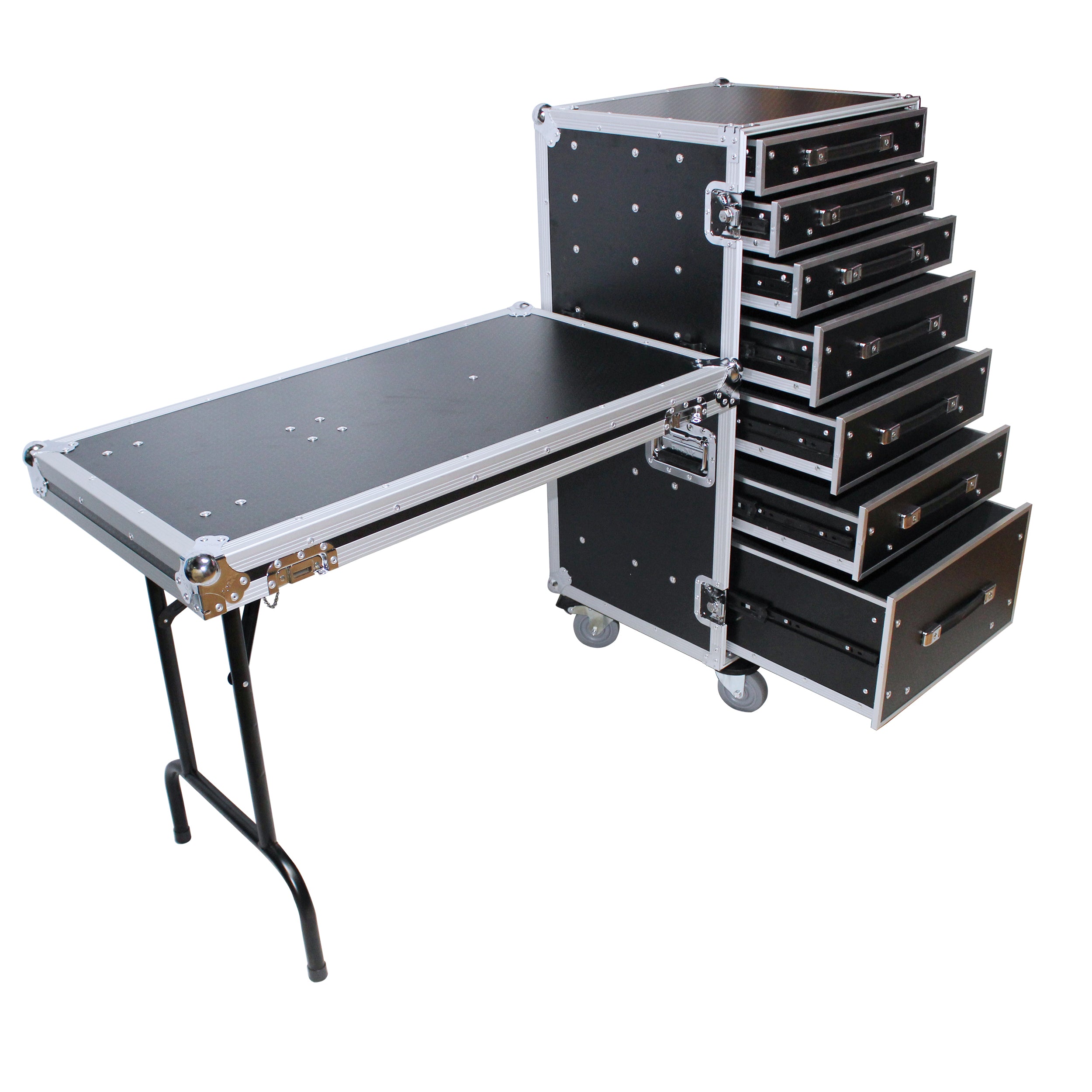 Pro X 7 Utility Drawer ATA Flight Style Case with Fold out Left Right Side Mounting Removable Table and 4 inch Casters XS-7DTW