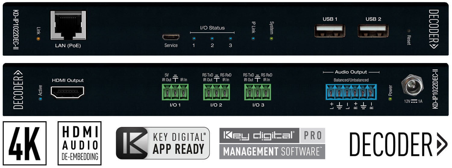 Key Digital 4K UHD AV over IP Decoder with Independent Video, Audio, KVM/USB Routing and Video Wall Processing. Audio De-Embed with Volume, Delay, and Bass/Mid/Treble Control, 2 port PoE LAN Switch, Local HDMI In, 3 port IR, RS-232 - KD-IP1022DEC-II
