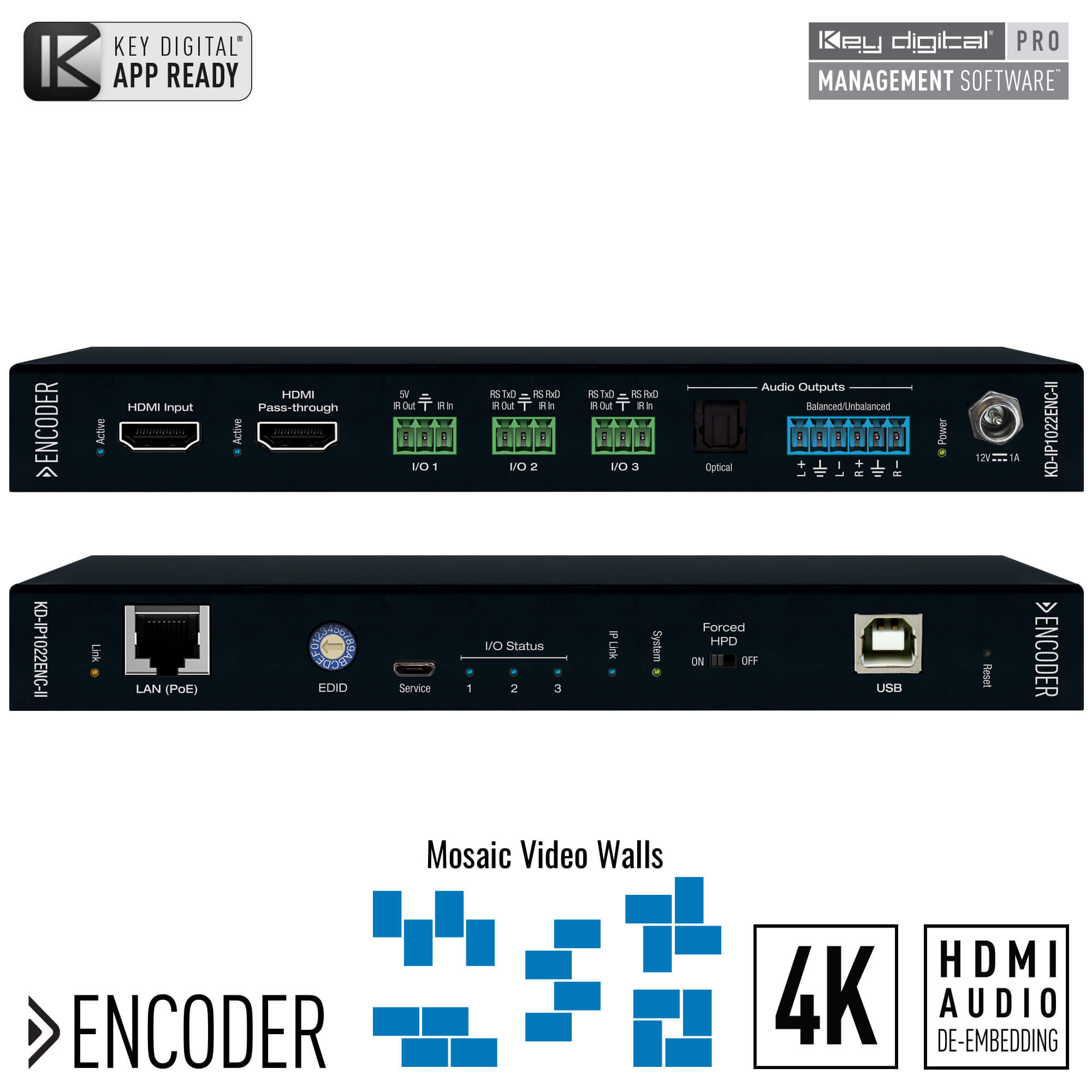 Key Digital 4K UHD AV over IP Encoder with Independent Video, Audio, KVM/USB Routing. Audio De-Embed with Volume, Delay, and Bass/Mid/Treble Control, 2 port PoE LAN Switch, HDMI Pass-through, 3 port IR, RS-232, Trigger Master Controller  - KD-IP1022ENC-II