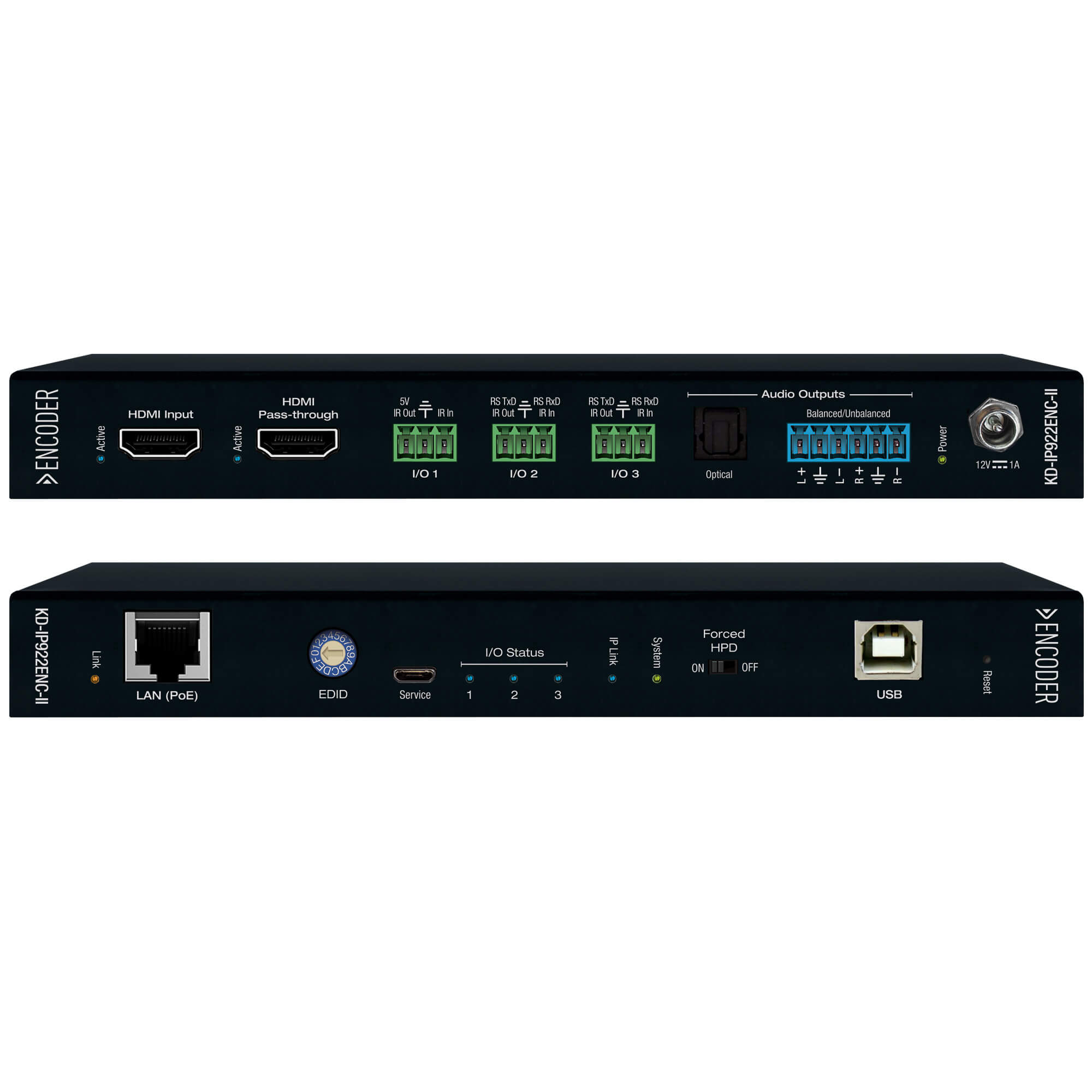 Key Digital 4K UHD AV over IP Encoder, PoE, HDMI Pass-through, Audio In, Audio (analog & digital) De-Embedding with Lip-Sync & DSP, KVM/USB - KD-IP922ENC-II