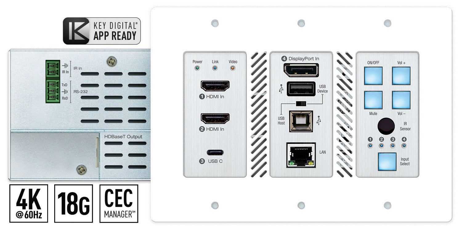 Key Digital 4x1 4K/18G 100m HDBT PoH Wall Plate Switcher with 2xHDMI, DP, USB-C, USB, LAN, Audio De-Embed, IR, RS-232, IP Control, CEC Manager (Tx Only) - KD-X4X1WUTx