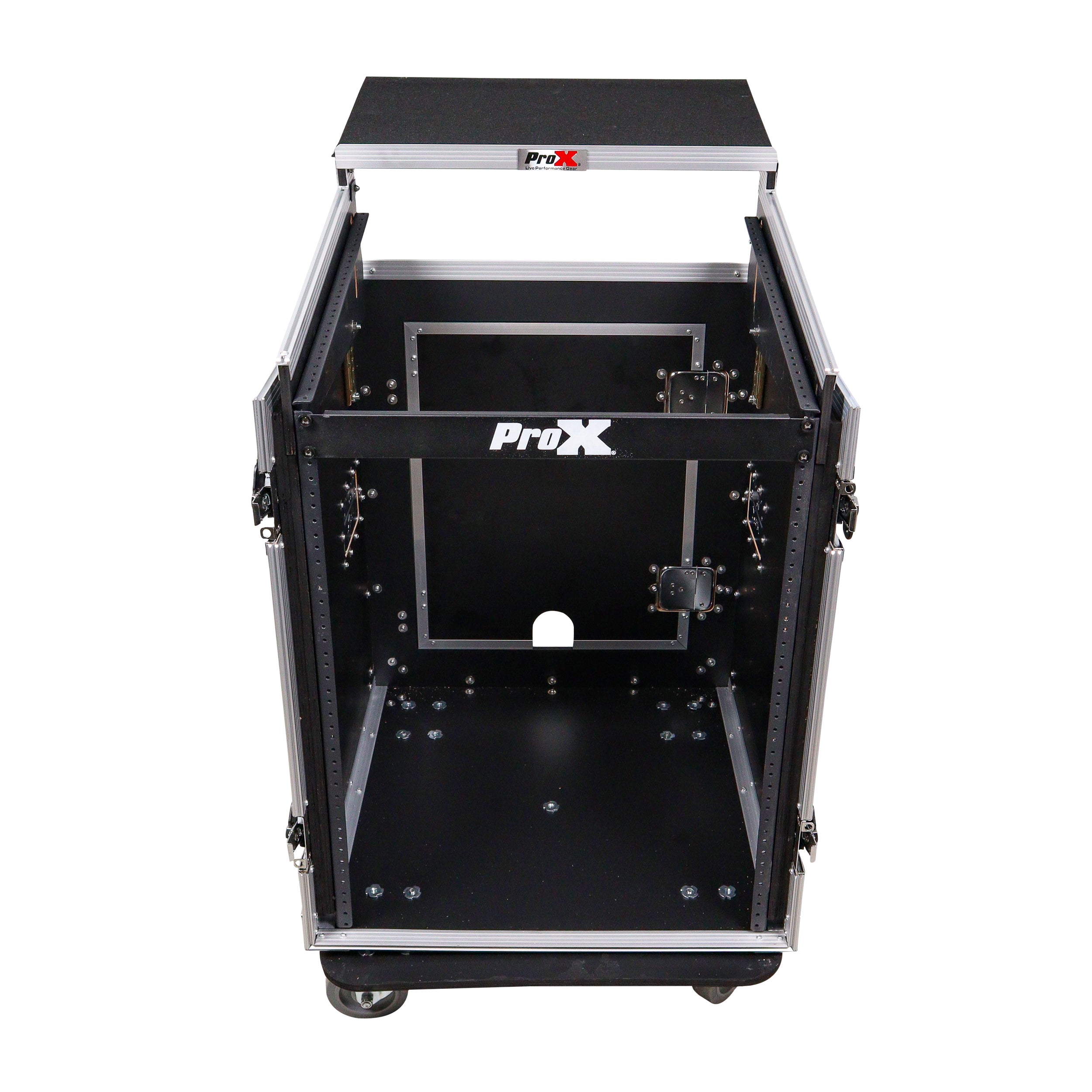 Pro X 14U Vertical Rack Mount Flight Case with 10U Top for Mixer Combo Amp Rack with Laptop Shelf and Caster Wheels T-14MRLT