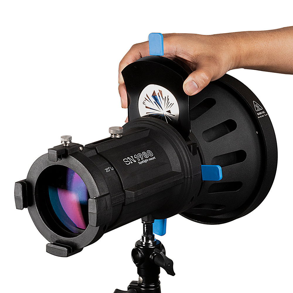 Fotodiox Pro Warrior Spotlight Modifier SN1980 with 20°Optical Lens, Spotlight Iris & 12-Piece Gobo Set SNT-SN1980-BOW