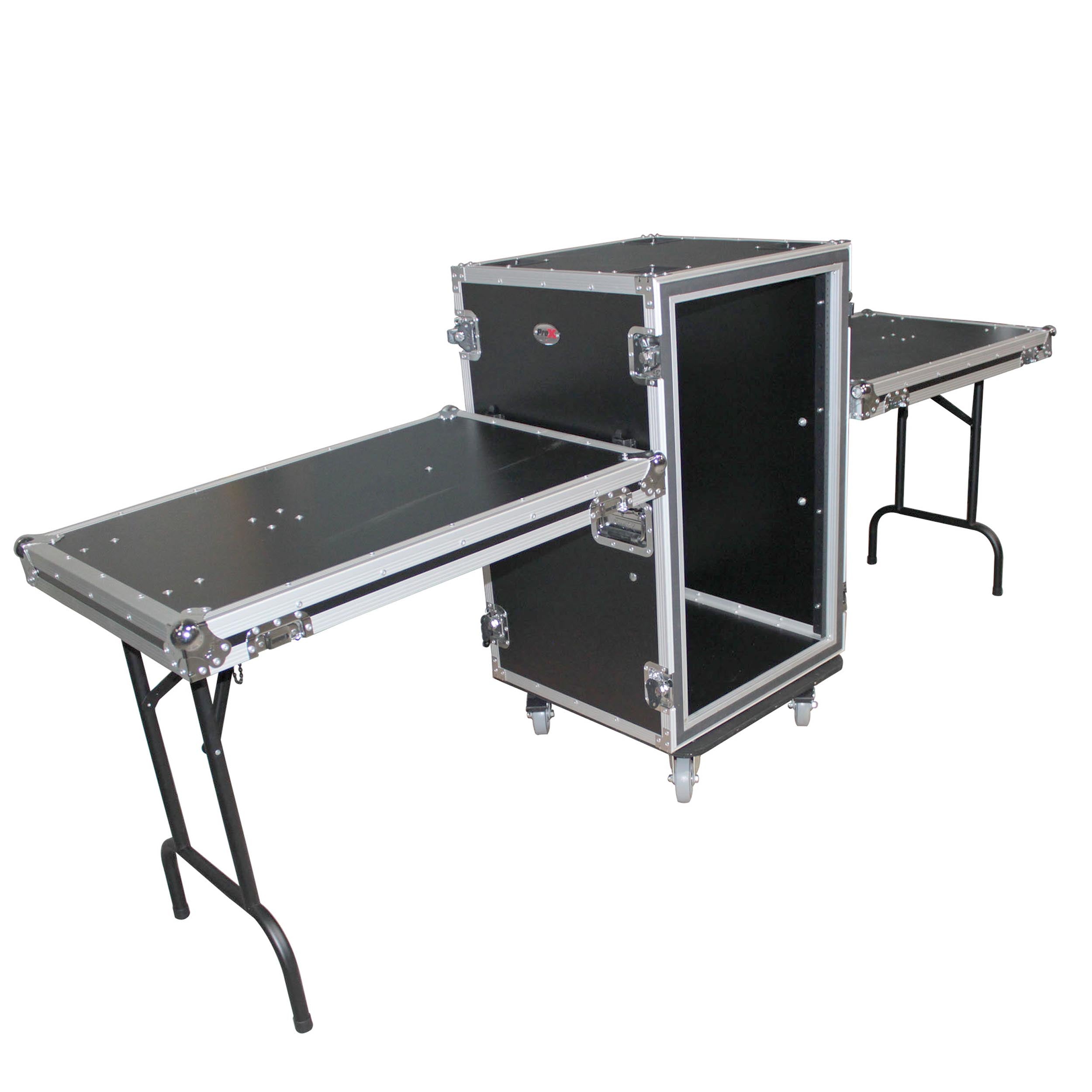 Pro X Vertical 24" deep Rail to RailShockproof Amp/Rack Case w/ dual side tables and 4 Casters T-14RSP24WDST