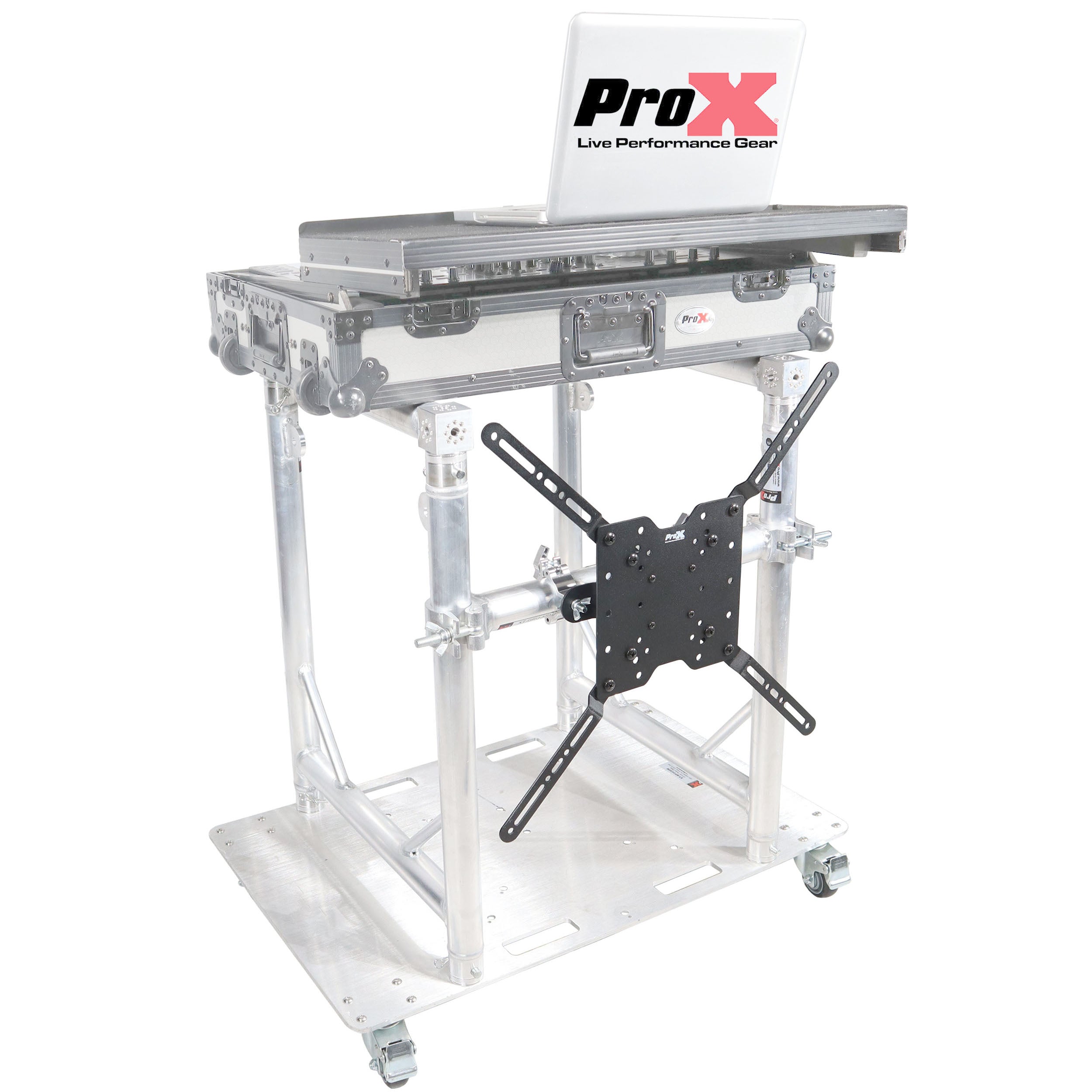 Pro X Modular Mobile Media TV DJ Station Booth for ProX XT-GRU Rapid Grid Modular System and base plate with wheels XT-MMDJTV01