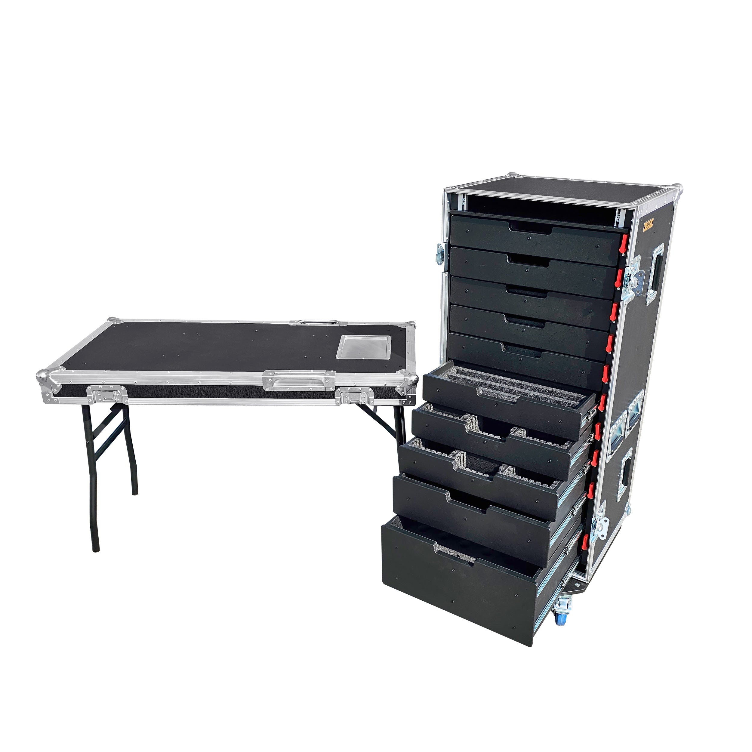 Pro X ATA Style (10) Rolling Utility Drawer Locking Tool Chest Organizer Flight Case with Folding Table and Casters XZF-10DTW