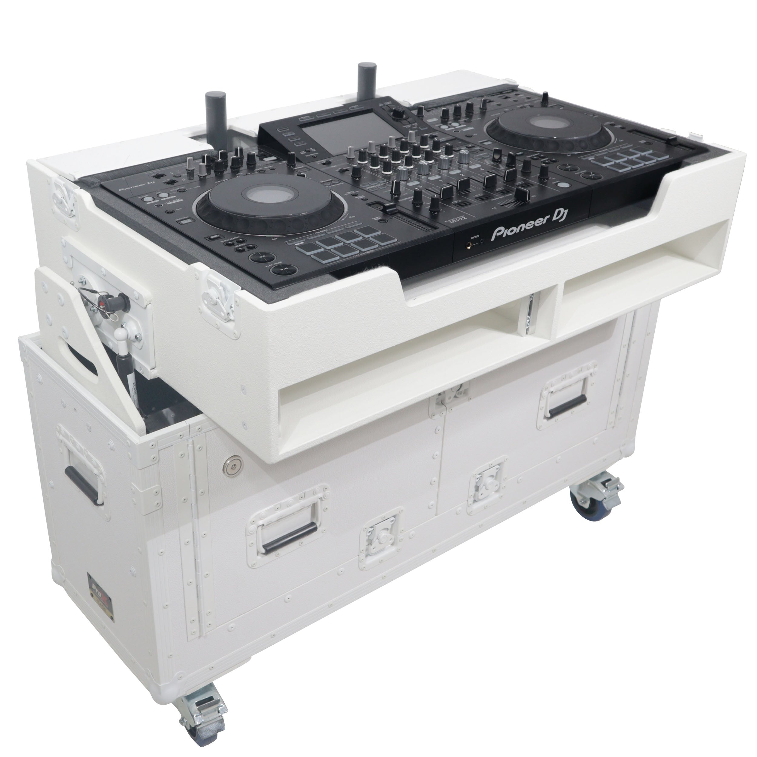 Pro X Flip-Ready Hydraulic DJ Flight Case For Pioneer DDJ-REV7 XDJ-XZ DDJ-1000 SZ2 SX3 with Wheels and 2x Laptop Trays White Finish XZF-UCXX WHITE