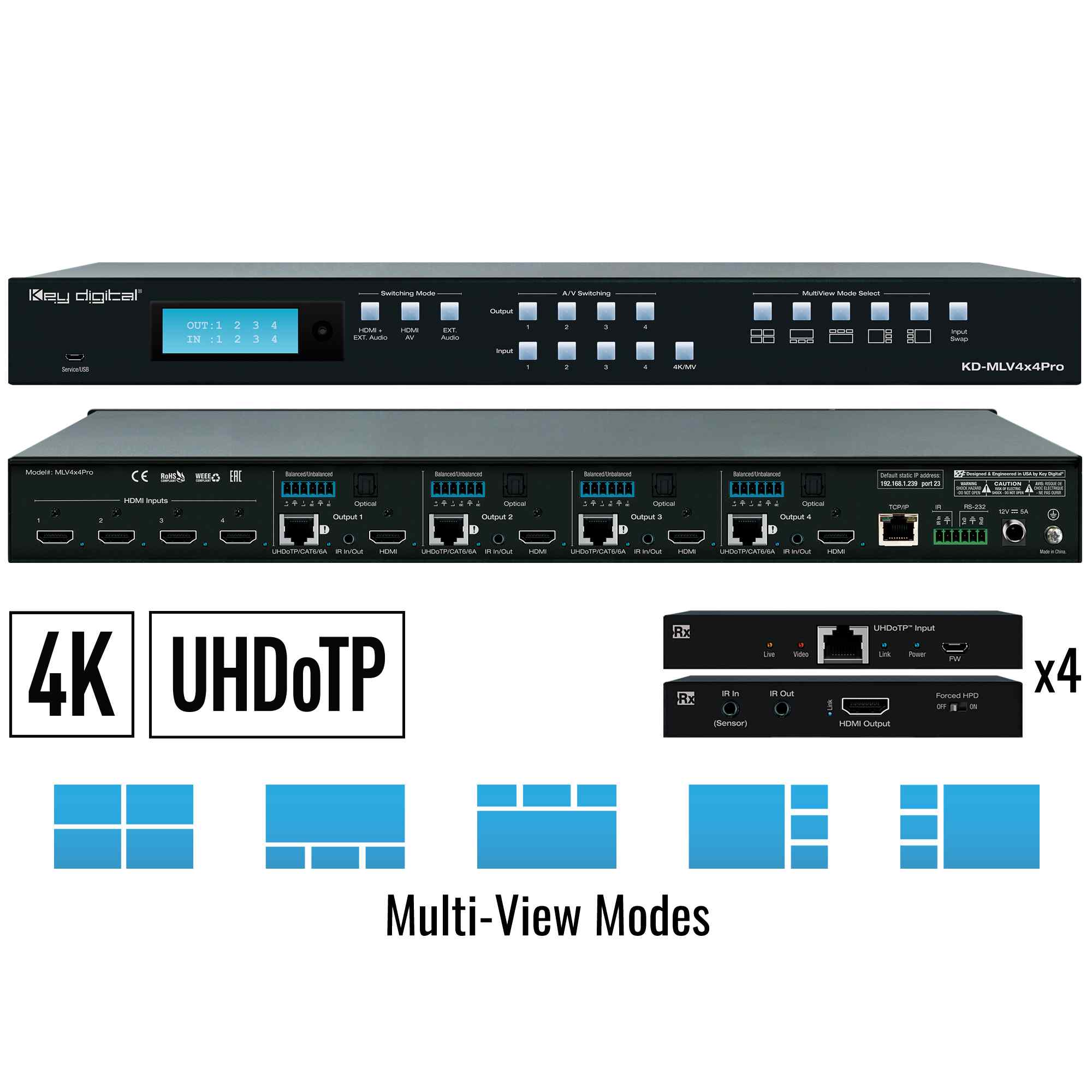 Key Digital  4x4 4K UHD HDMI Seamless Matrix Switcher with Multi-View Tiling, includes 4 Rx units, KD-App Ready - KD-MLV4x4Pro