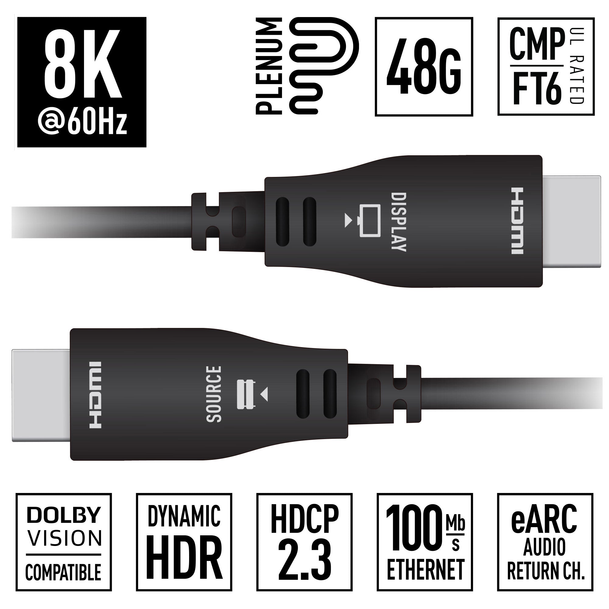 Key Digital 66FT (20M) 8K/48G Plenum Hybrid Fiber Optic Ultra High Speed HDMI Cable. Supports Dynamic HDR, Dolby® Vision, HDCP2.3, eARC, CMP / FT6 UL Rated - KD-AOCH66P