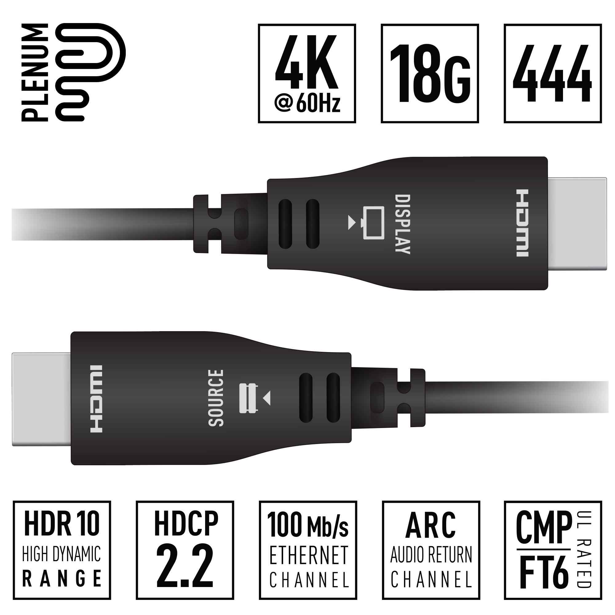 Key Digital 131FT (40M) 4K@60Hz/444/18G - Plenum Active Optical HDMI Cable, CMP/FT6 UL Rated - KD-AOCH131P