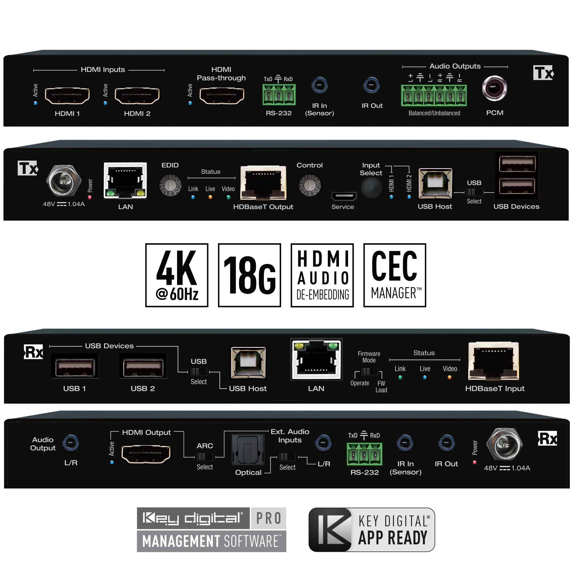 Key Digital 4K 18G Smart Extender Kit. Includes KD-PS22UTx and KD-X100MRx. Extends HDMI, USB 2.0, LAN, IR, RS-232 up to 328ft (100m). Features 2x1 Switcher, Mirrored Output, eARC of HDMI or Optical Audio, Audio De-Embed, Power over CAT - KD-XPS22U
