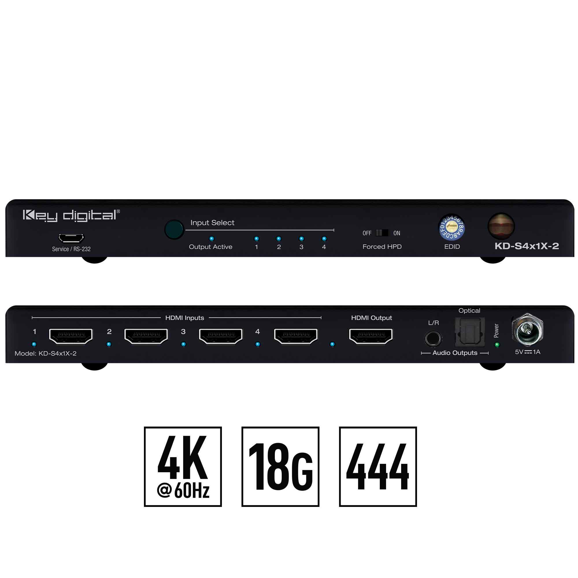 Key Digital 4x1 4K/18G HDMI Switcher with De-Embedded Audio Output (Optical/Balanced Audio) and IP Control  - KD-Pro4x1X-2