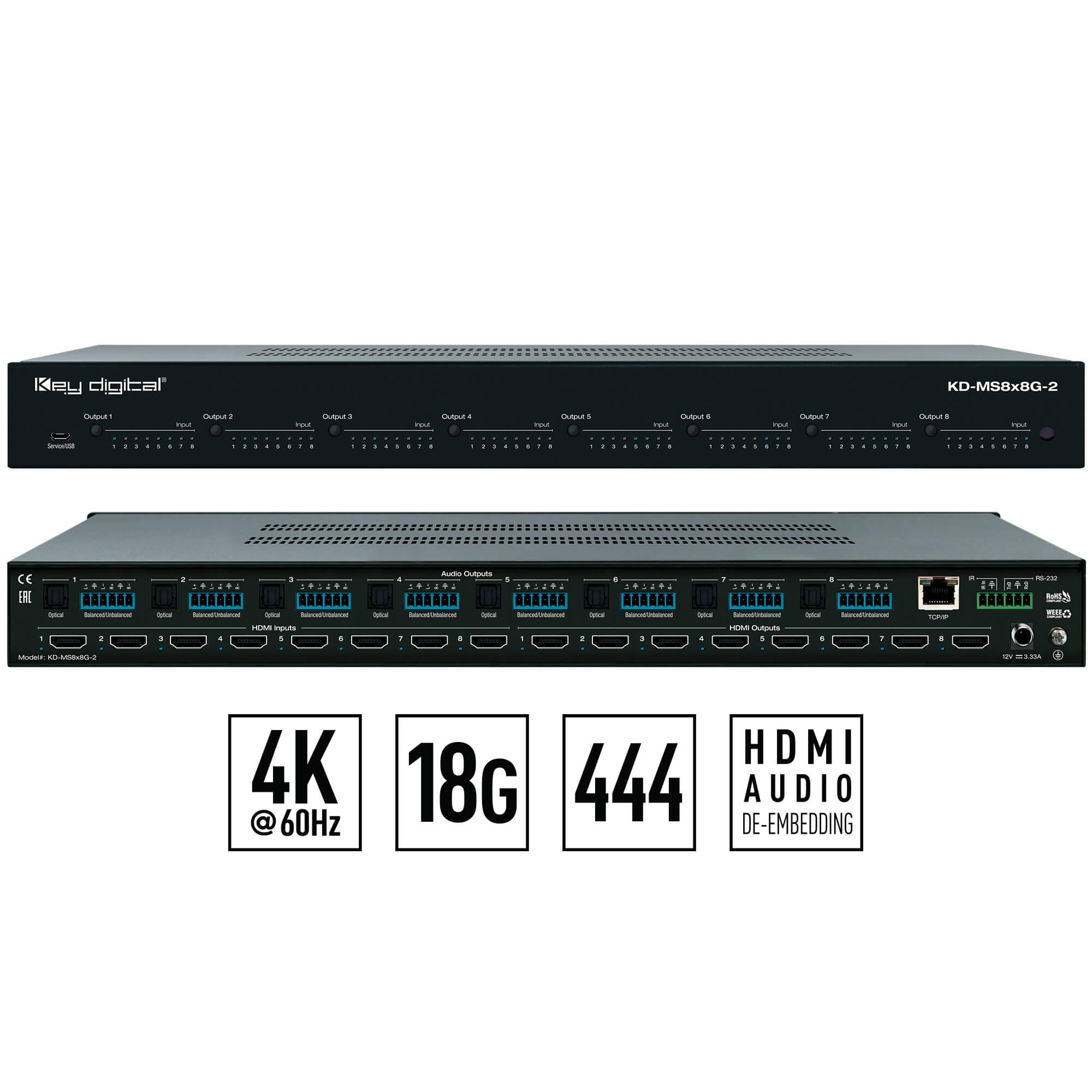 Key Digital  8x8 4K/18G HDMI Matrix Switcher, with Independent Audio Switching, Balanced/Unbalanced Audio, Audio De-embedding of Analog L/R/PCM  - KD-MS8x8G-2