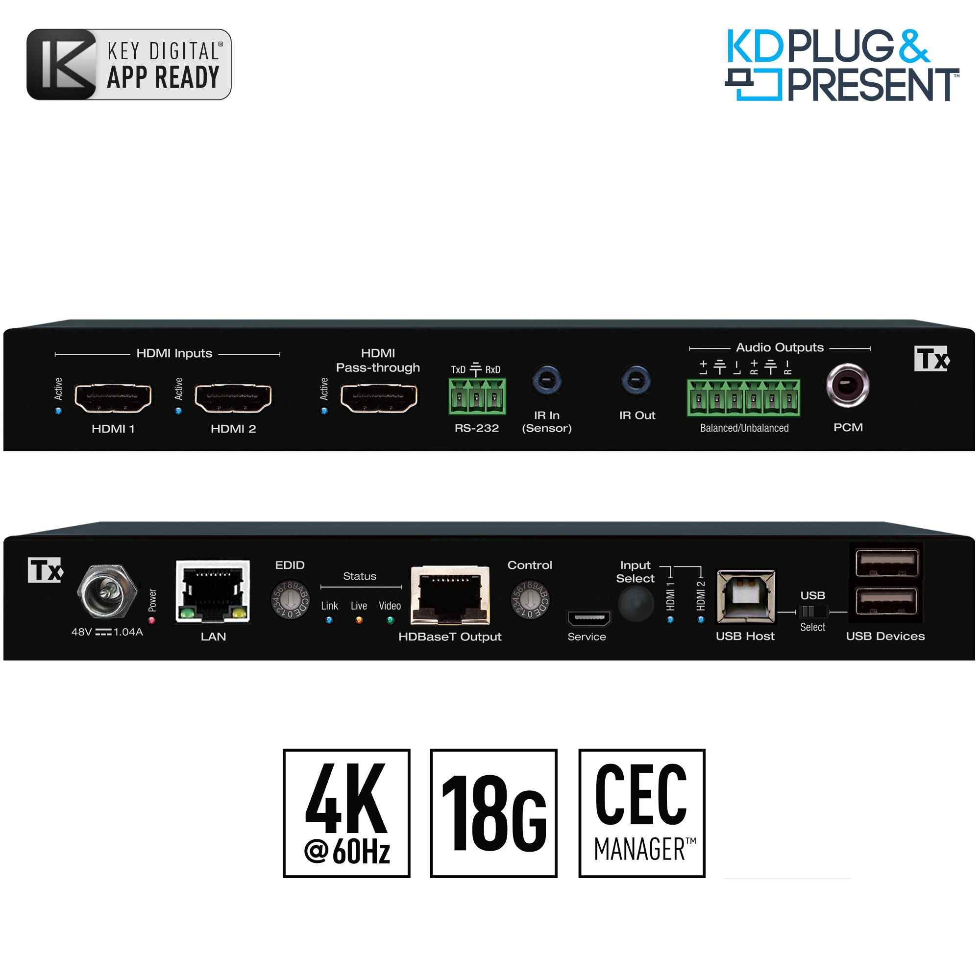 Key Digital 4K/18G 328ft (100m) HDMI over HDBaseT Extender, 2x1 Switcher with 2 HDMI Inputs, 2 Mirrored Outputs (HDBaseT, HDMI), USB 2.0, LAN, Audio De-Embed, IR, RS-232, IP Control, PoH, CEC Manager™. (Tx Only) - KD-PS22UTx