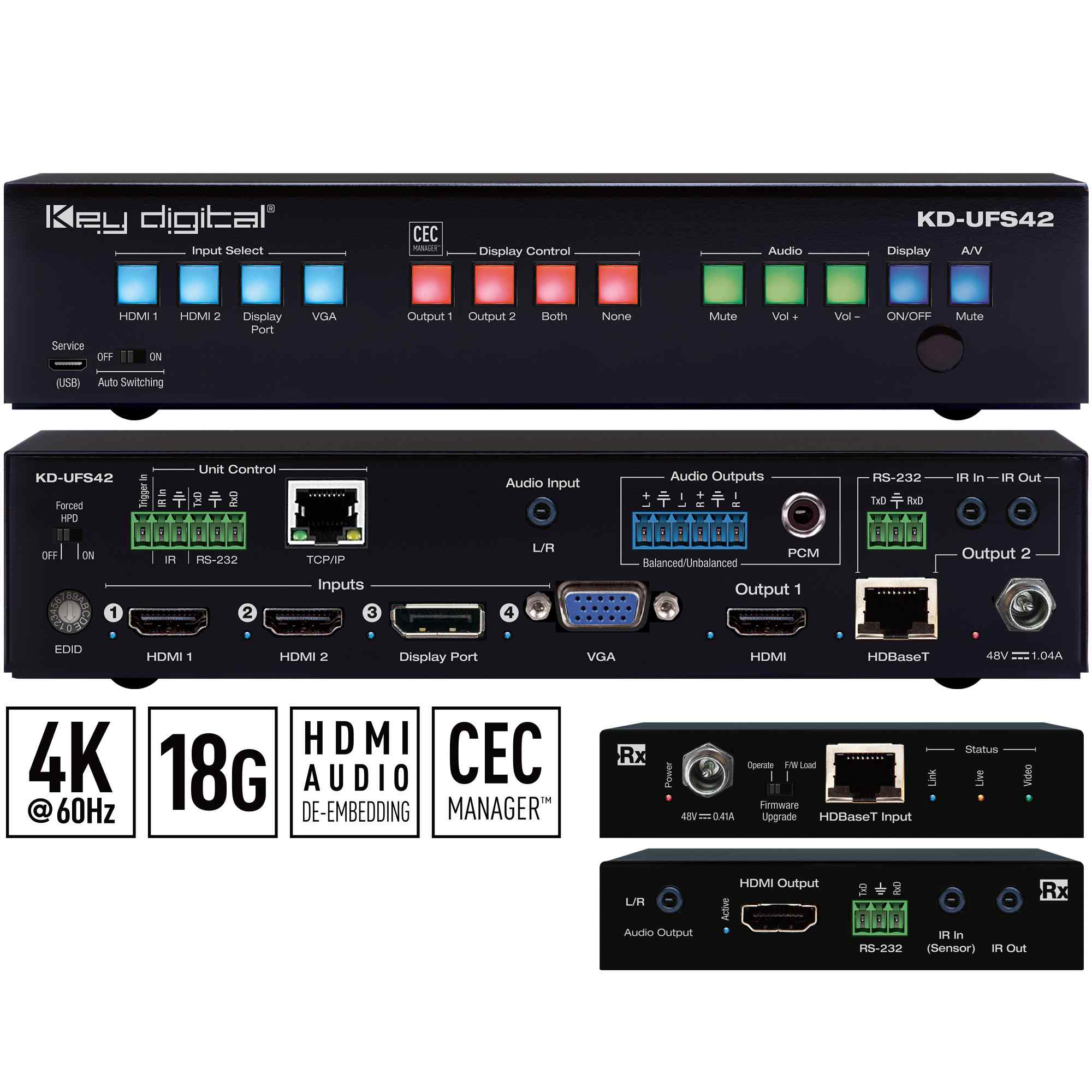 Key Digital  4K 18G (40m) Universal Format Switcher with 4 Inputs (2x HDMI, DP, VGA), HDMI and HDBaseT Mirrored Outputs with Rx Included, Audio De-Embed, CEC Display Control, Auto Switching. KD-App and KDPlug & Present™ Ready. - KD-UFS42