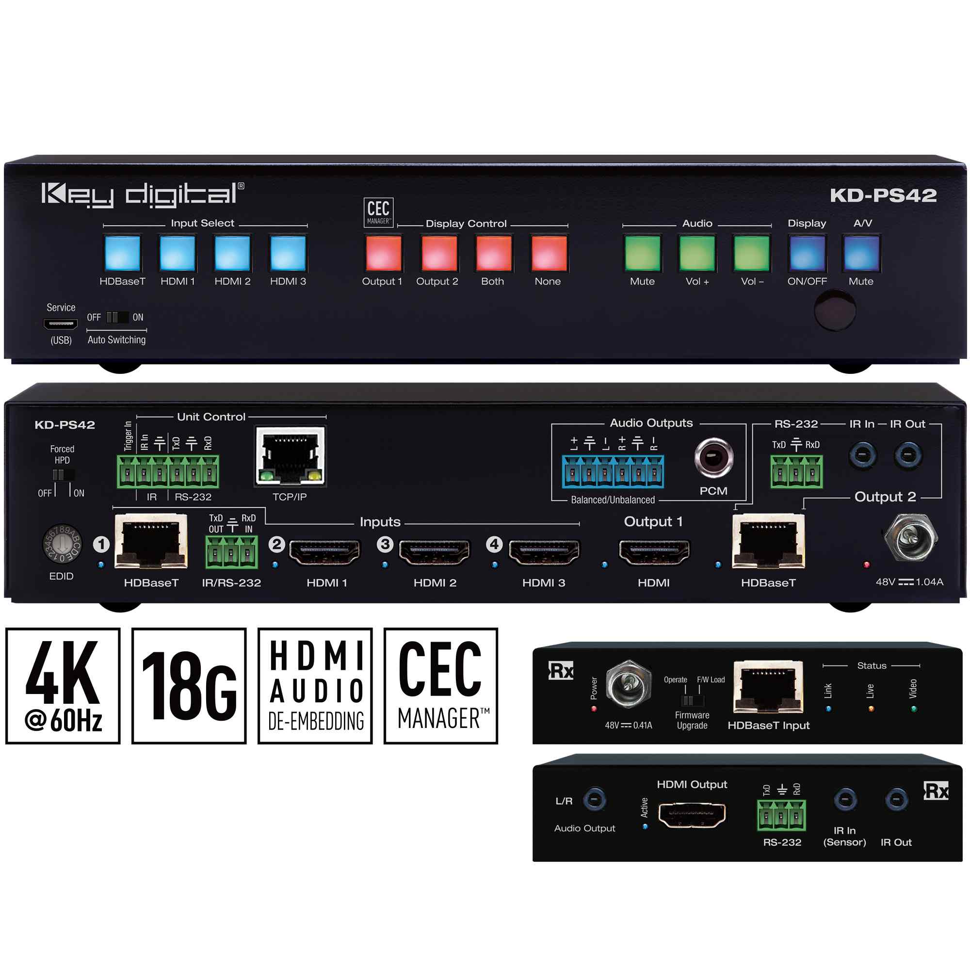 Key Digital  4K/18G Presentation Switcher with 4 Inputs (HDBaseT, 3x HDMI), 2 Mirrored Outputs (HDBaseT, HDMI), Audio De-Embed, IR, RS-232, IP, CEC Manager™. Includes Rx.  - KD-PS42