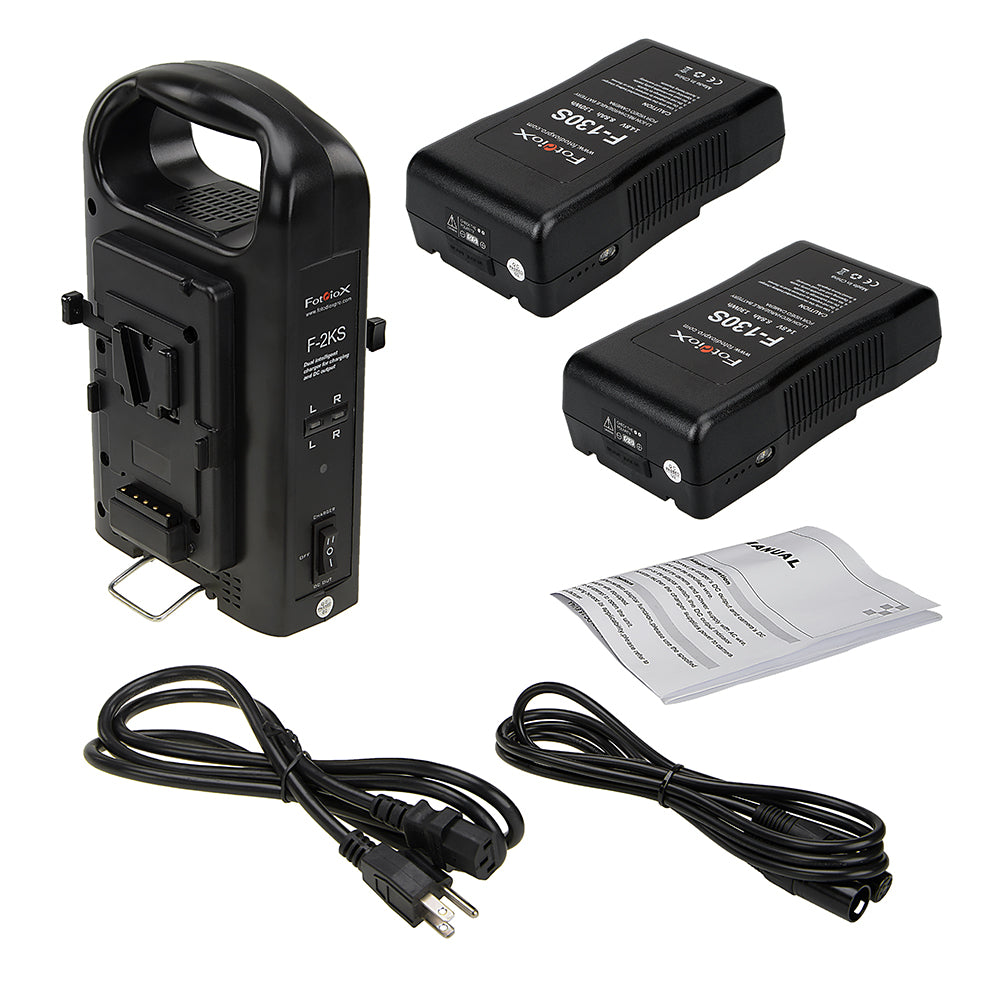 Fotodiox Dual Position Battery Charger Kit with Two 130Wh / 8.8Ah 14.8V Li-Ion V-Mount Batteries - Power Supply Stand with XLR DC Output for Fotodiox Pro, FlapJack & Factor Series LED Lights VB-CHST-F130Sx2